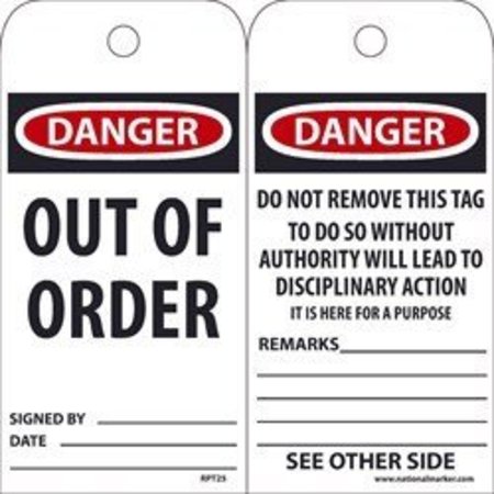NMC TAGS, DANGER OUT OF ORDER TAG,  RPT25AG